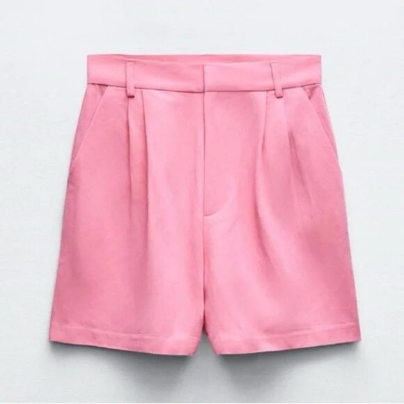 New Zara Pleated High Waist Linen Blend Shorts, XS, Pink - Picture 3 of 11